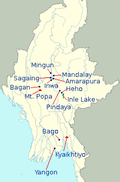 Myanmar Itinerary Map for Package AP10