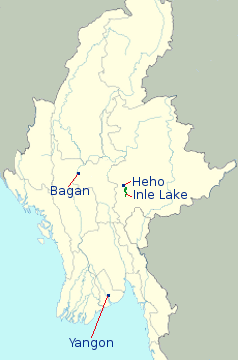 Myanmar Itinerary Map for Package AP14