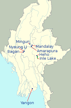 Myanmar Itinerary Map for Package IT1