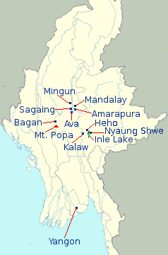 Myanmar Itinerary Map for Package AP4