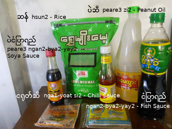 Rice, Cooking Oil and Soya Sauce in Burmese